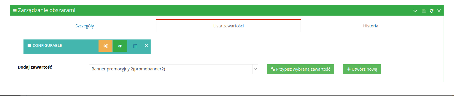 Lista zawartości przypisanych do obszaru w panelu Hummerce z opcjami edycji, ustawienia widoczności i zakresu dat wyświetlania