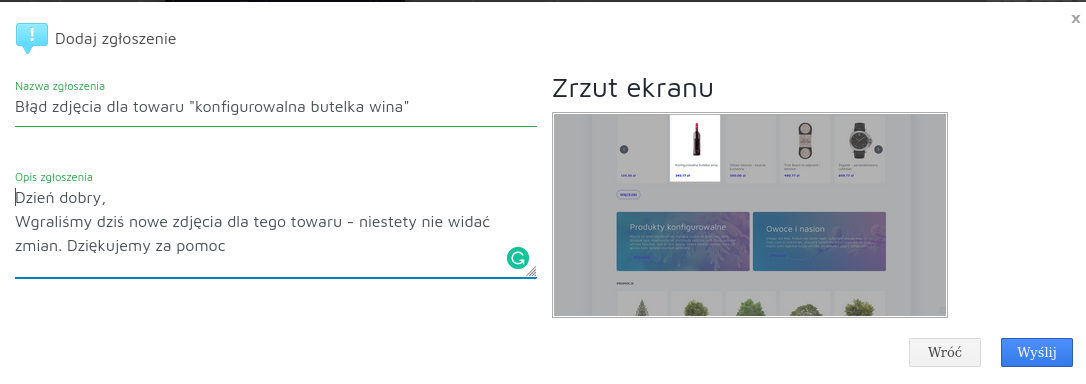 Formularz zgłoszenia błędu w trybie serwisowym Hummerce - nazwa, opis i dołączony zrzut zaznaczonego fragmentu ekranu
