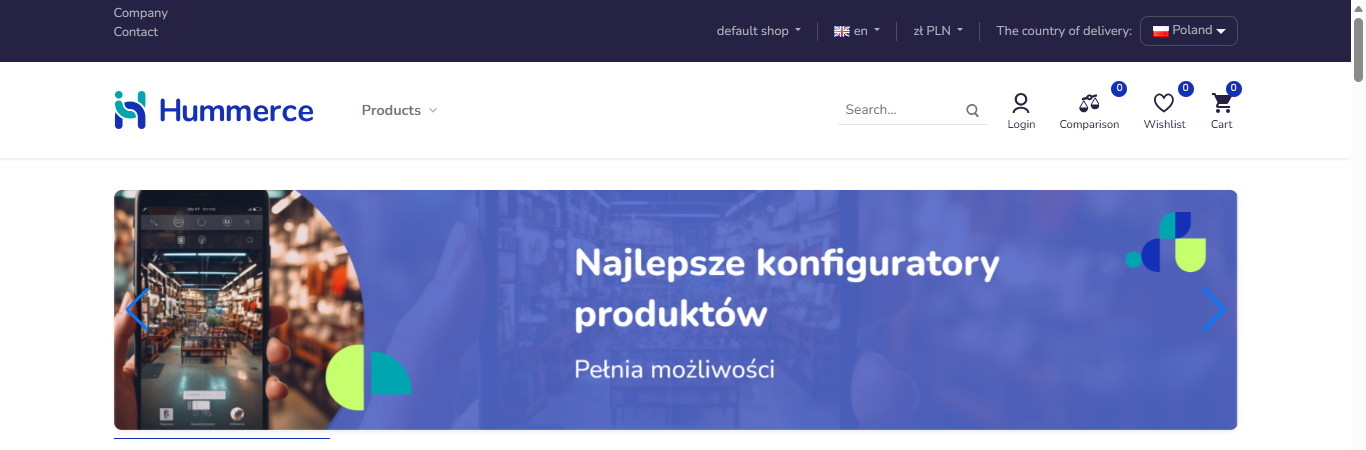 Top part of the homepage of a Hummerce store in the Bootstrap 5 template - view, language, currency and delivery country switches, menu, search and a banner