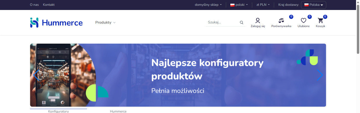 Górna część strony głównej sklepu Hummerce w szablonie Bootstrap 5 - przełączniki widoku, języka, waluty i kraju dostawy, menu, wyszukiwarka i baner