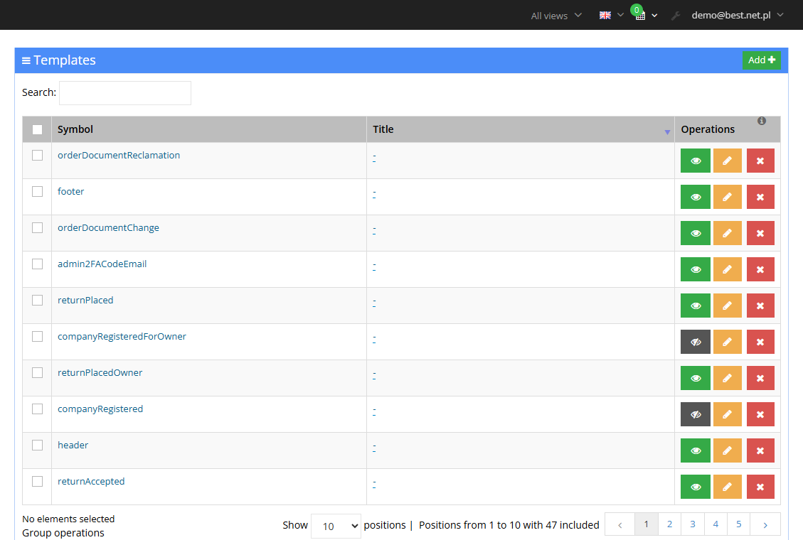 List of message templates in the Hummerce panel with a search box (Symbol, Title, Operations)