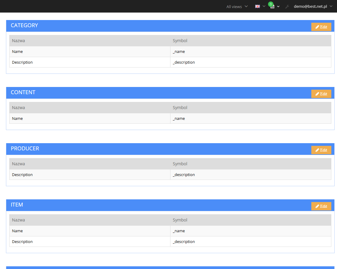 List of properties to translate in the Hummerce panel - Property, Category, Canvas, Item object types with Name and Symbol columns