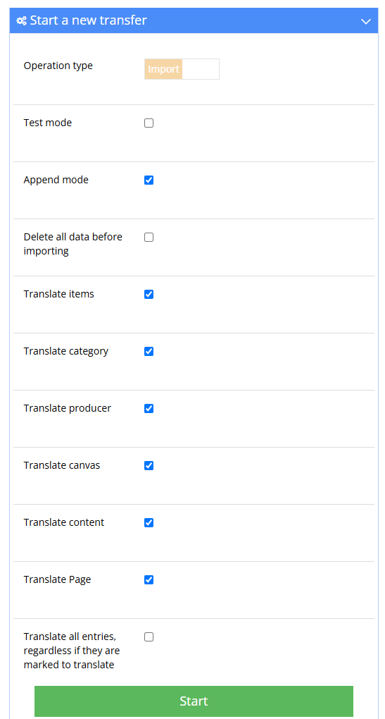 Starting the Automatic translation transfer in the Hummerce panel - transfer selection and options: test mode, append mode, translate items/categories/producers/canvases/contents/static pages