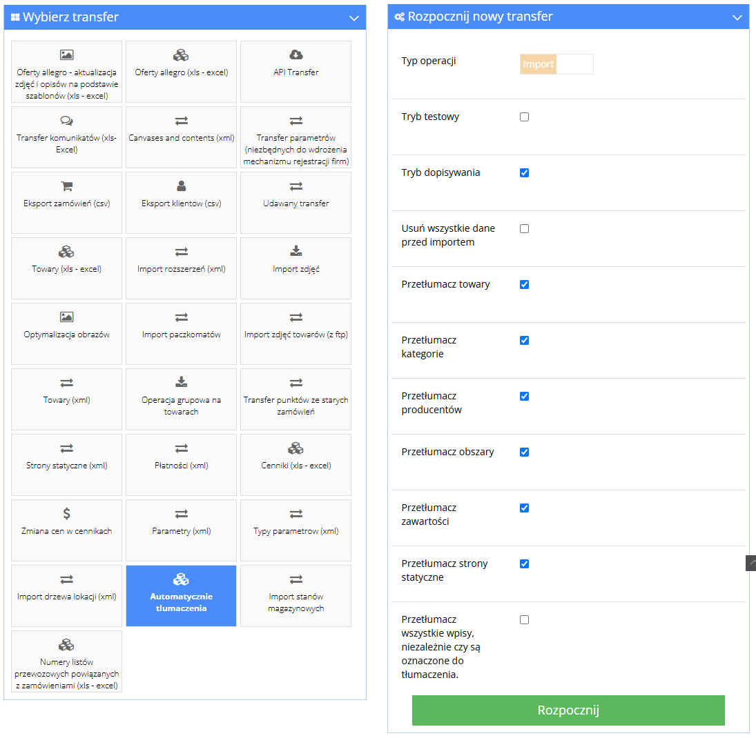 Uruchomienie transferu Automatyczne tłumaczenia w panelu Hummerce - wybór transferu i opcje: tryb testowy, tryb dopisywania, przetłumacz towary/kategorie/producentów/obszary/zawartości/strony statyczne