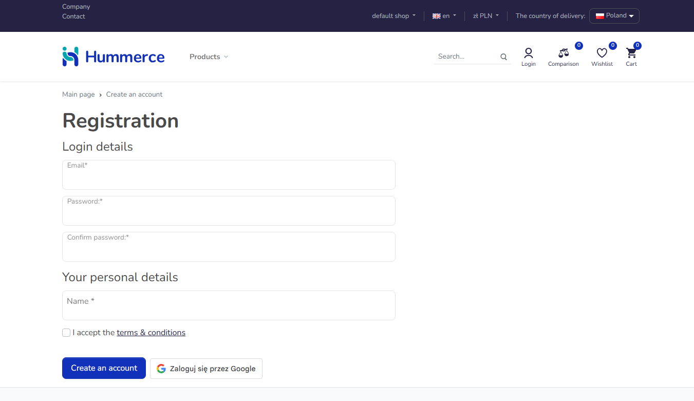 Registration form in the Hummerce store: login details (email, password) and the First name field as the only data required for simplified registration