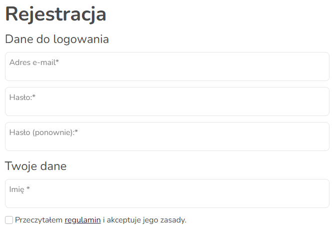 Formularz rejestracji w sklepie Hummerce: dane do logowania (e-mail, hasło) i pole Imię jako jedyne dane wymagane przy uproszczonej rejestracji