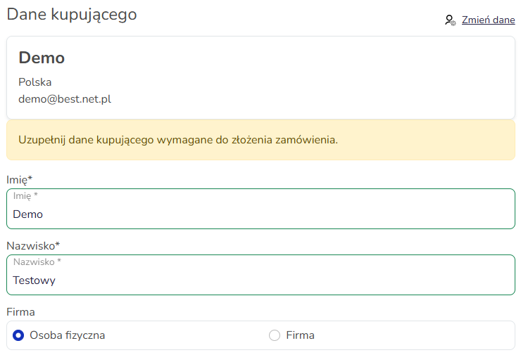 Formularz uzupełnienia danych kupującego w zamówieniu Hummerce, z komunikatem "Uzupełnij dane kupującego wymagane do złożenia zamówienia"