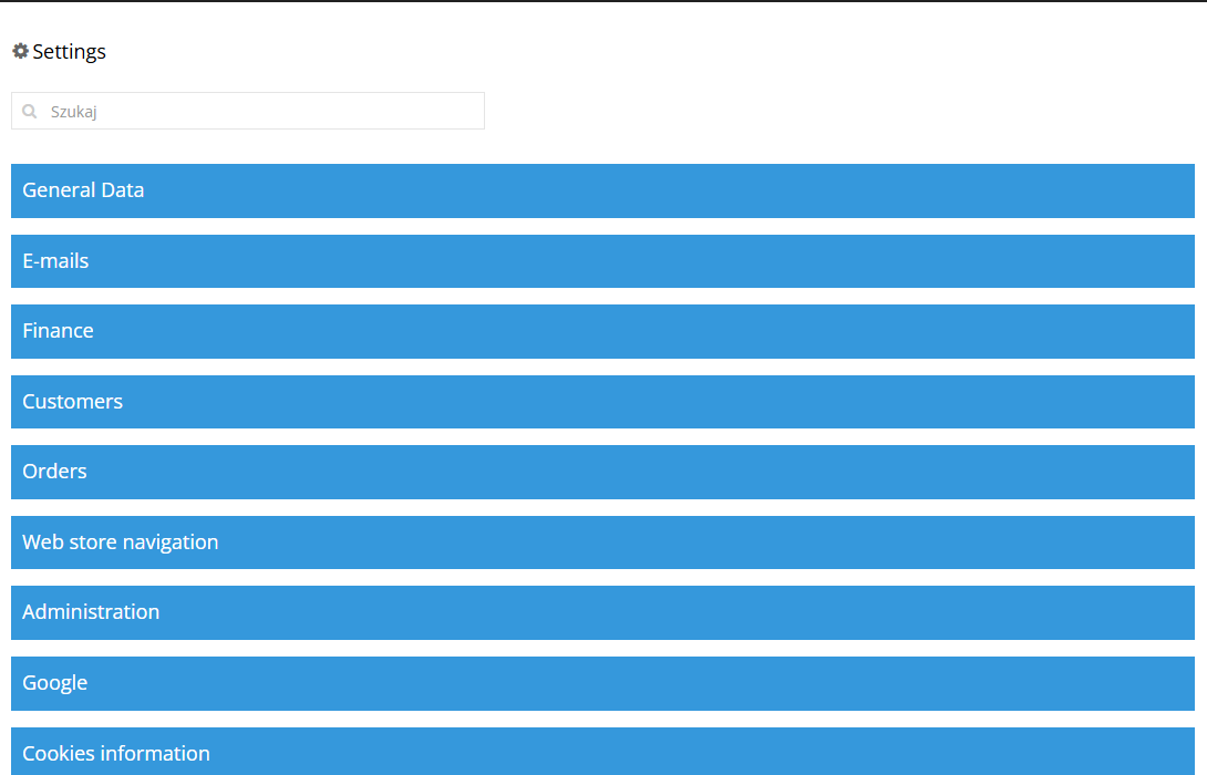 Hummerce admin panel - the Configuration -> Settings screen with a settings search field and a list of tabs (General data, Emails, Finance, Customers, Orders)
