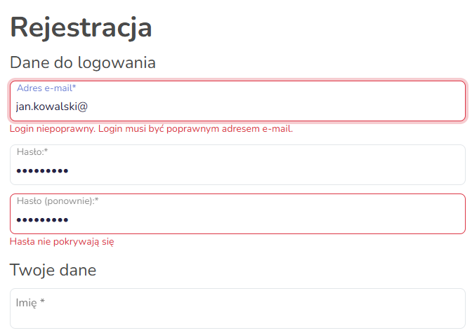 Formularz rejestracji w sklepie Hummerce (szablon Bootstrap 5): błąd adresu e-mail i niezgodność haseł pokazane w trakcie wpisywania