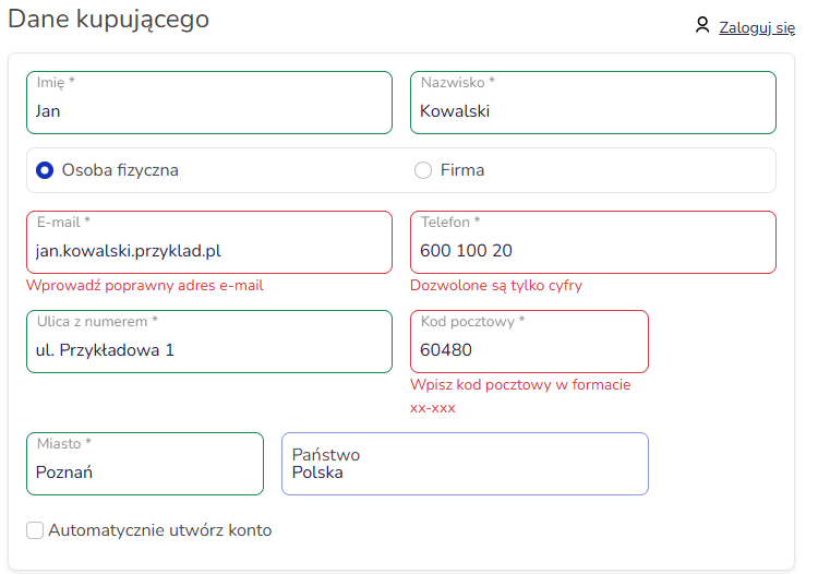 Formularz zamówienia w sklepie Hummerce: błędny adres e-mail, telefon ze spacjami i kod pocztowy bez myślnika oznaczone czerwoną ramką
