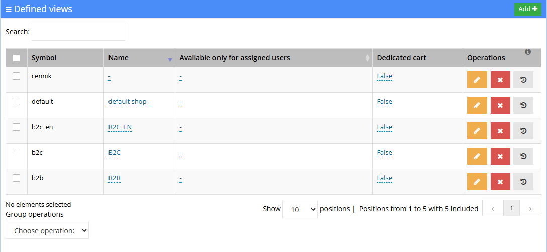 List of views in the Hummerce panel (Configuration - Views), with the columns Symbol, Name, Available only to assigned users, and Dedicated cart