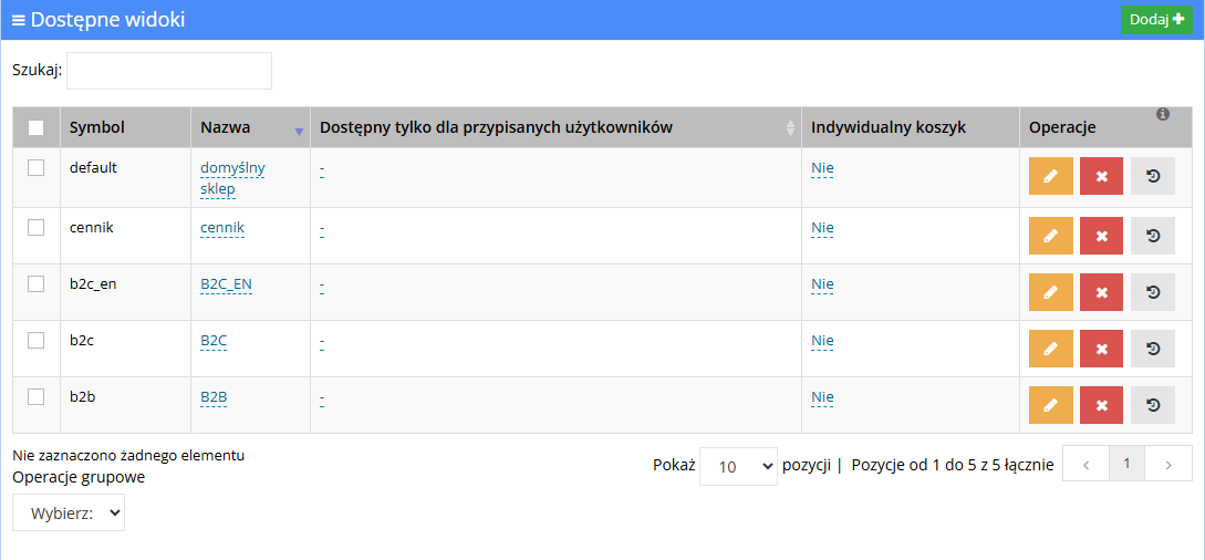 Lista widoków w panelu Hummerce (Konfiguracja - Widoki) z kolumnami Symbol, Nazwa, Dostępny tylko dla przypisanych użytkowników i Indywidualny koszyk