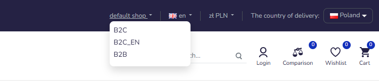 View switcher in the Hummerce storefront header (Bootstrap 5 template): a list of views - B2C, B2C_EN, B2B and a price list