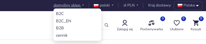 Przełącznik widoków w nagłówku sklepu Hummerce (szablon Bootstrap 5): lista widoków B2C, B2C_EN, B2B i cennik
