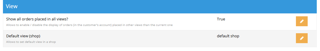 View settings in the Hummerce panel (Configuration - Settings, Views group): orders in all views, and the store's default view