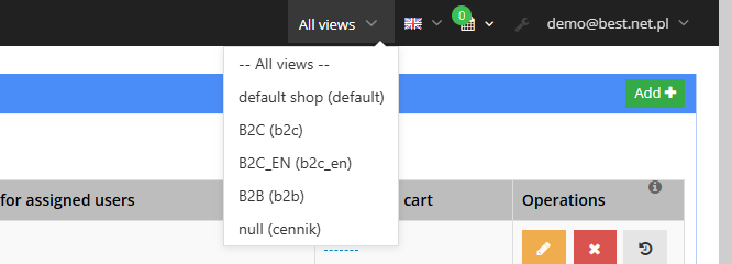 Choosing a view in the Hummerce admin panel header: all views, or one selected view