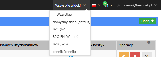 Wybór widoku w nagłówku panelu administracyjnego Hummerce: wszystkie widoki albo jeden wybrany