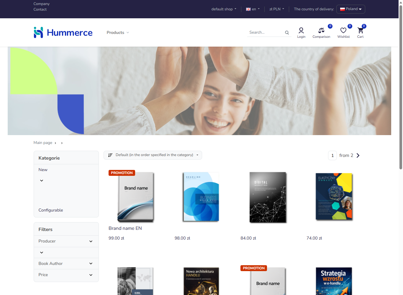Filters on the Books category list in the Hummerce store: producer, book type, author, price slider
