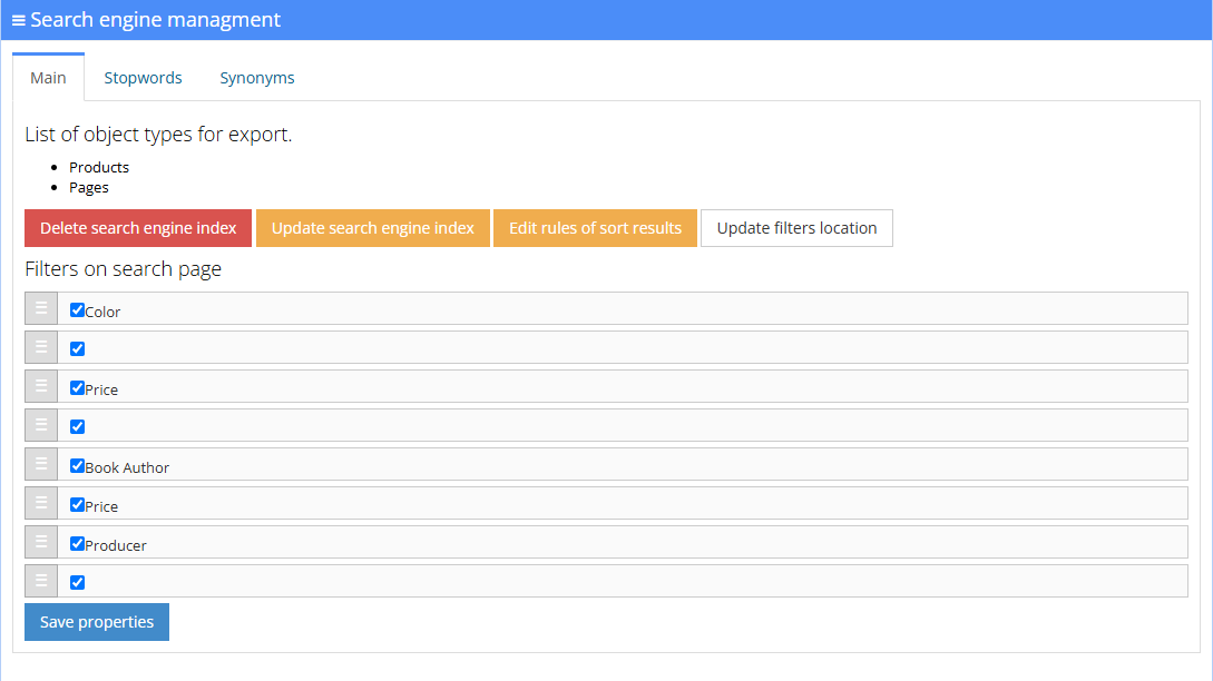 Hummerce panel - managing the search module: updating and clearing the index, parameters sent to the search engine, list of filters used in search