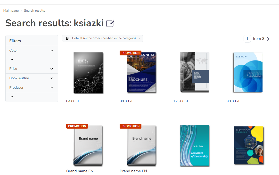 Search results page in the Hummerce store with the Book type: textbook filter selected, and counters next to the remaining values