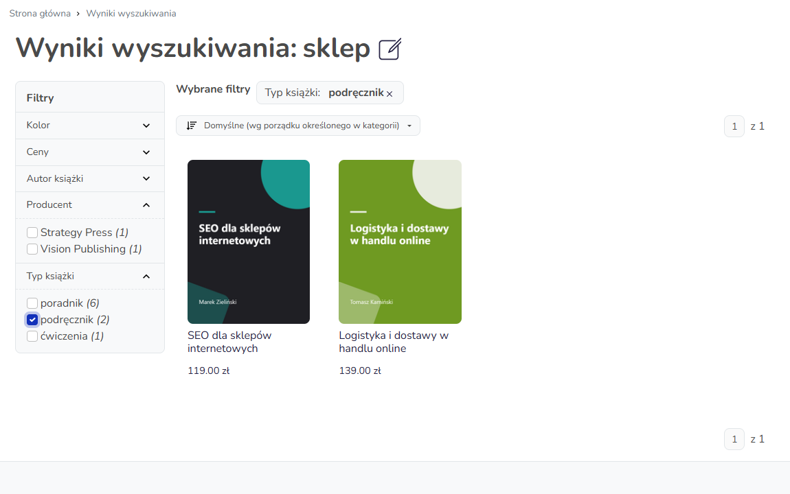 Strona wyników wyszukiwania w sklepie Hummerce z wybranym filtrem Typ książki: podręcznik i licznikami przy pozostałych wartościach