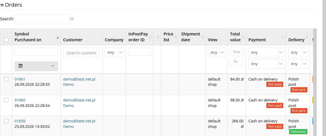 Order list in the Hummerce panel with the Symbol, Customer, View, Value, Payment, Delivery and Status columns