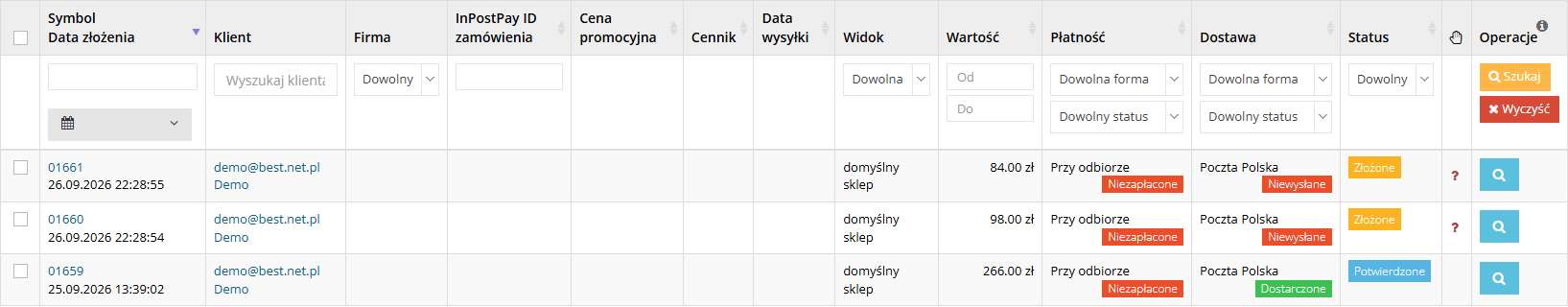 Lista zamówień w panelu Hummerce z kolumnami Symbol, Klient, Widok, Wartość, Płatność, Dostawa i Status