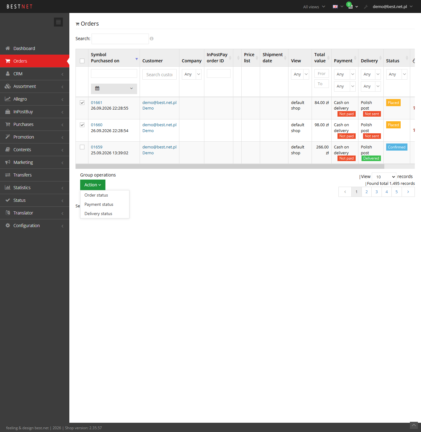 Bulk operations on the order list in the Hummerce panel: changing the order, payment or delivery status for the selected rows