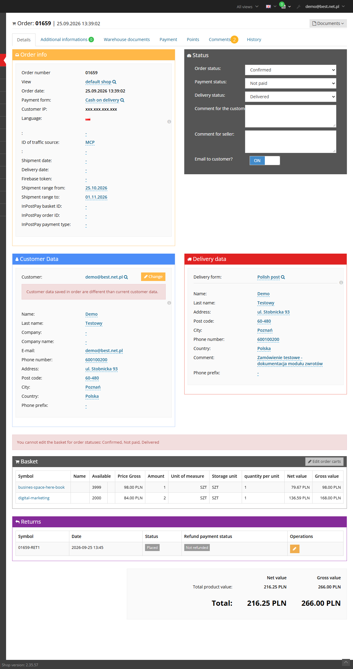 Order preview in the Hummerce panel: general information, status, customer and delivery data, cart and returns