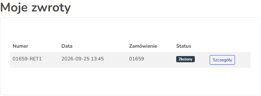 Lista "Moje zwroty" w koncie klienta Hummerce z numerem, datą, zamówieniem i statusem zwrotu