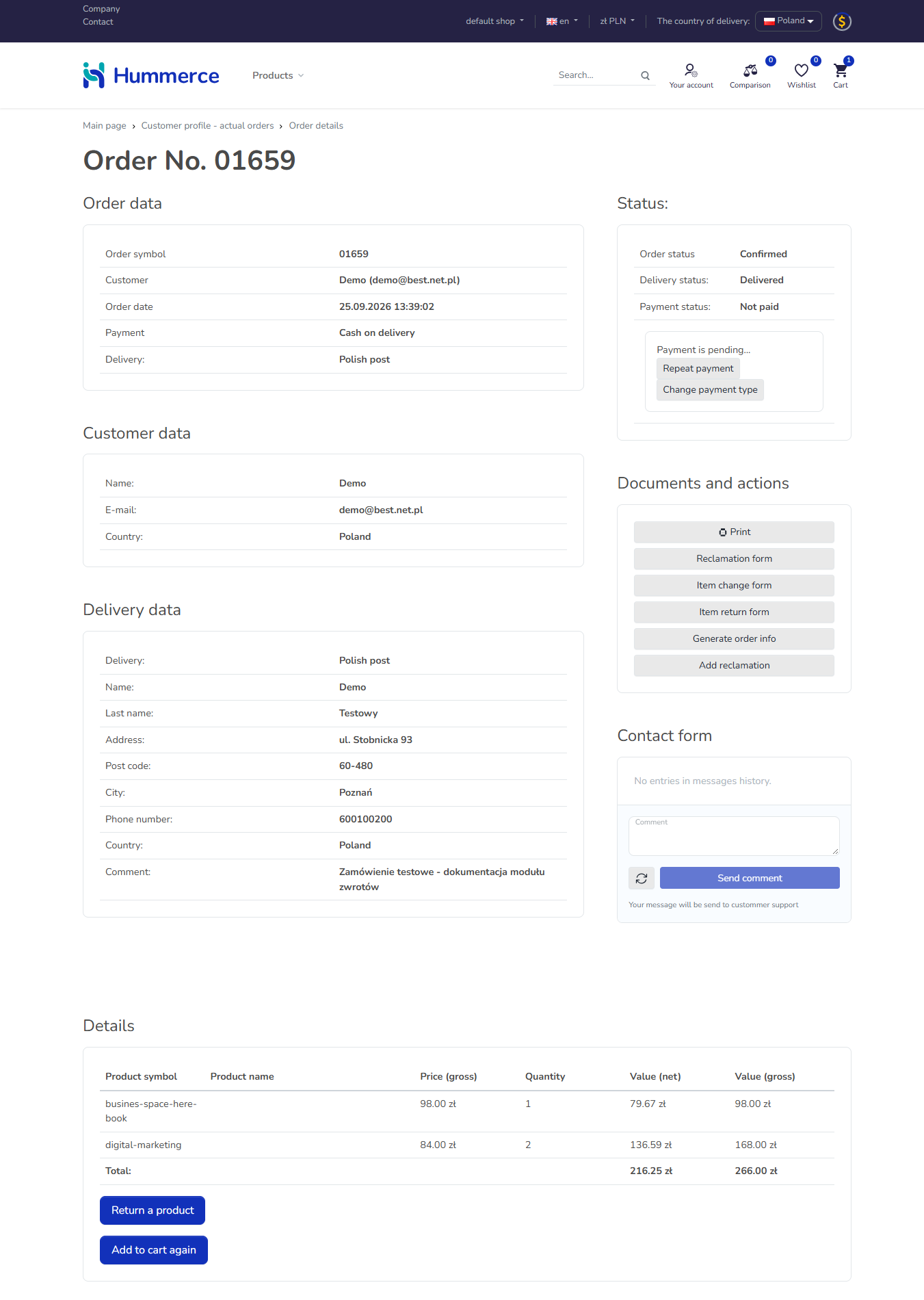 Order in a Hummerce customer account with a "Return product" button and a list of order lines